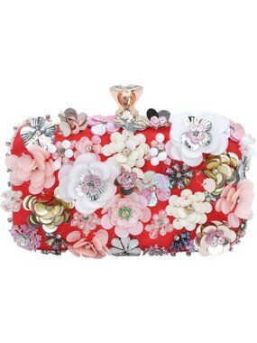 Women Red Clutches Top Flower Chain Strap Evening Handbag Shoulder Bag
